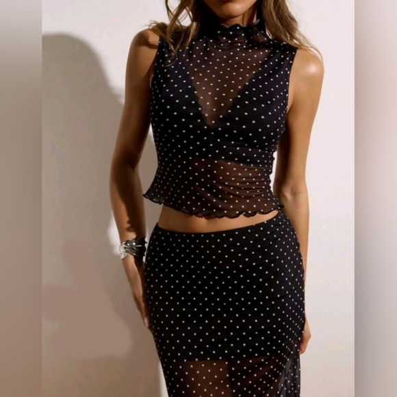 Women's 2 Pieces Set: Sleeveless Bodycon Knit Mesh Print Tank Top & Mid-Waist Mi - Picture 1 of 6